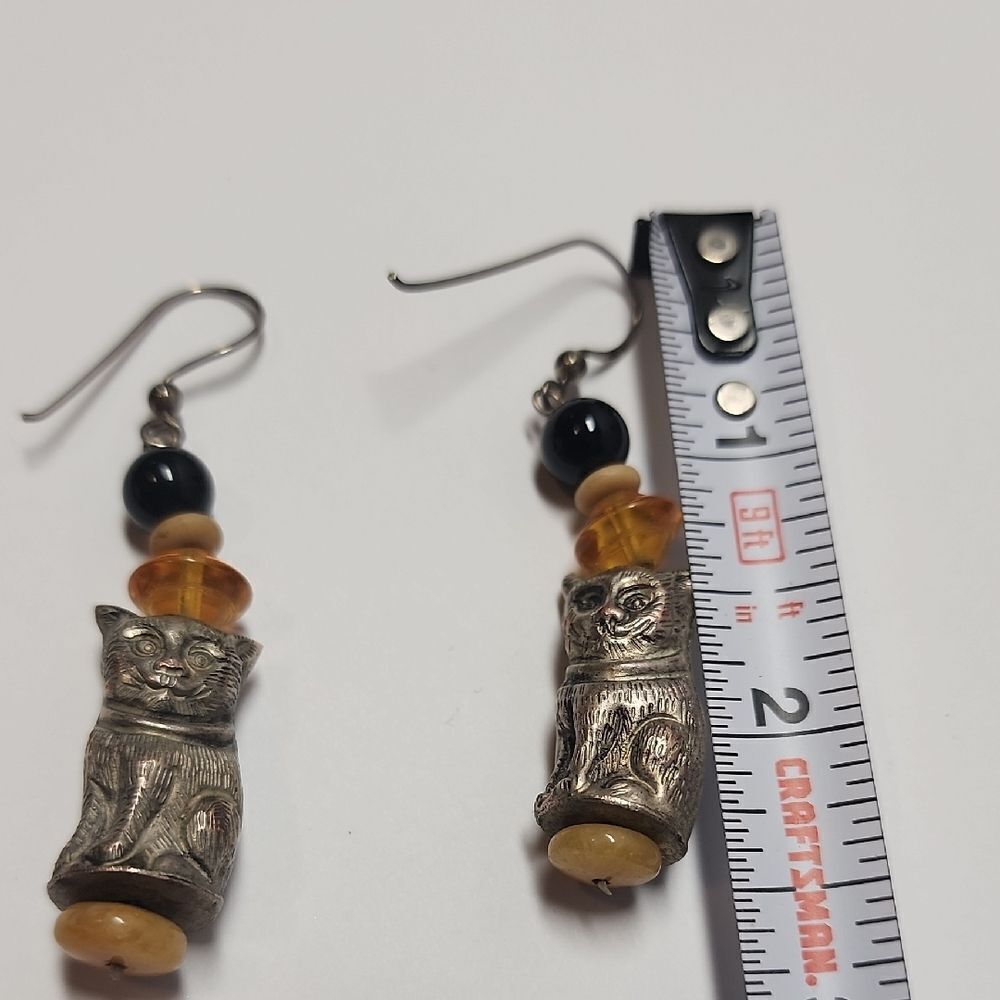 Handcrafted Silver Cat Drop Earrings with Amber and Black Beads - Picture 2 of 4